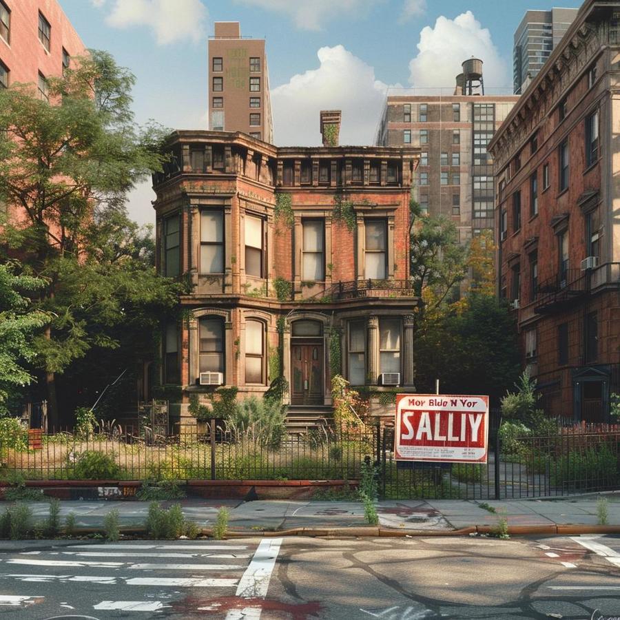 Alt text: A sign saying "we buy houses New York" in front of a house.
