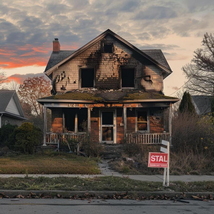 Alt text: A house with fire damage, considering "Selling a Fire Damaged House".